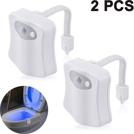 Lot de 2 veilleuses WC LED à 8 couleurs changeantes avec détecteur de mouvement. Compatible avec toutes les toilettes. Piles non incluses. (1/4)