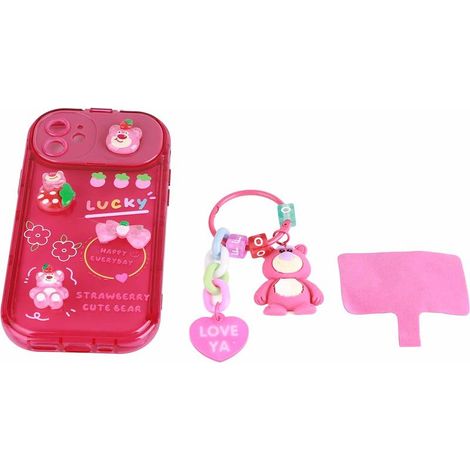Coque silicone douce avec miroir, motif imprimé cartoon transparent, cordon incluse, rose rouge pour iPhone 12 (1/5)