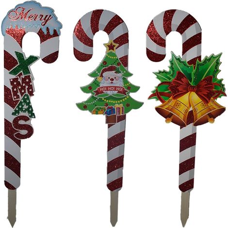 Picchetto per giardino set3 bastoncini albero di natale caramella candy natalizi 70 cm addobbi decorazioni babbo campane casa (1/5)