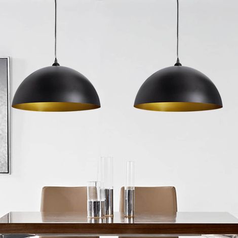 Lot de 2 plafonniers semi-sphériques hauteur réglable 0-132 cm – suspension métal noir et doré E27 max. 40 W Ø35 cm (1/5)