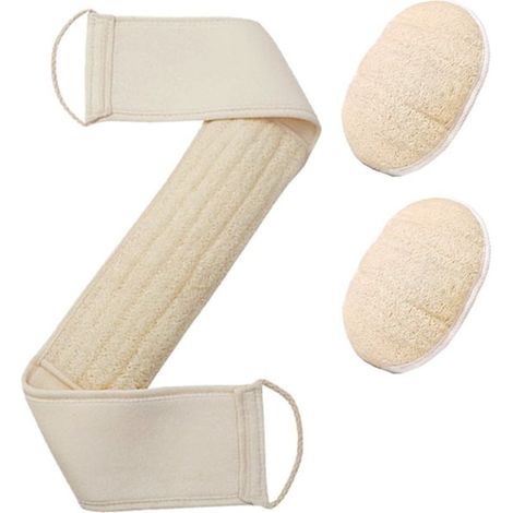 Ensemble de bain en luffa - 1 serviette de bain longue blanche + 2 éponges de bain ovales de 12 x 9 cm (1/5)