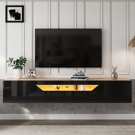 Wandmontierter TV-Schrank 180x37x36cm mit 4 Ablagefächern und 3 Türen, Hochglanz-TV-Schrank mit LED-Beleuchtung, Schwarz + Holzfarbe