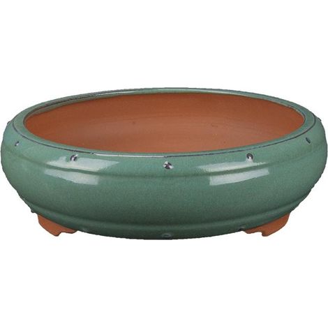 Vaso per bonsai rotondo in gres smaltato verde 21,5x21,5x6 cm - 2874