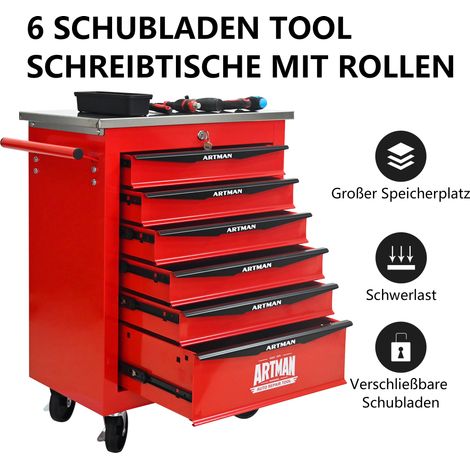 Chariot d'atelier multifonctionnel à 6 tiroirs avec roulettes, équipé de coffres de rangement métalliques, idéal pour garage, atelier, entrepôt et atelier de réparation – couvercle en acier inoxydable (1/5)