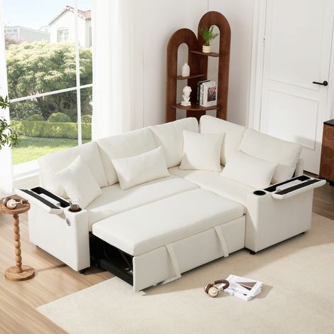 Canapé d'angle convertible L extensible beige, avec rangement, porte-verres, ports USB, accoudoirs et 4 coussins. Idéal pour salon, chambre d'amis ou home cinéma.