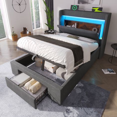 Bett 90x200 Stauraum LED USB Grau Leinen Schublade HAVRYA (1/5)