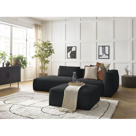 BOBOCHIC - Canapé droit fixe 3 places LEOPOLD tissu chiné avec pouf Accoudoir droit Noir (1/5)