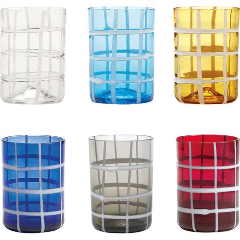 Zafferano Twiddle - Set 6 Bicchieri colorati in Vetro Soffiato, 35 cl - Tumbler Artigianali con Decoro Bianco, Lavabili in Lavastoviglie (1/2)