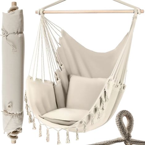 Fauteuil suspendu, hamac, 97 x 130 cm, intérieur/extérieur, jusqu'à 120 kg, 20937, couleur : beige (1/3)