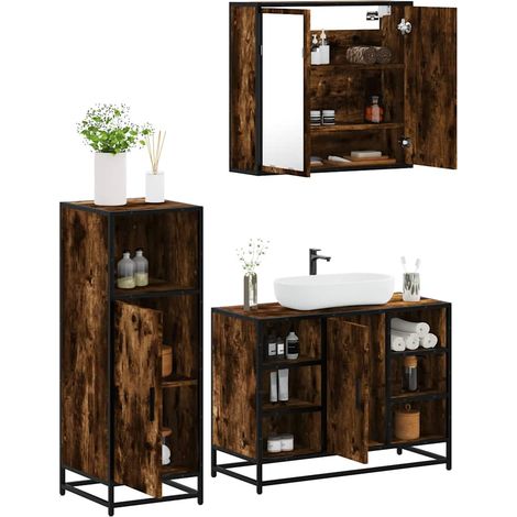 Set de muebles baño 3 pzas madera contrachapada roble ahumado vidaXL (1/5)