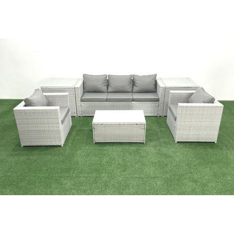Fimous Salon de jardin avec Canapé 3 places 2 Chaise Table basse rectangulaire 2 Tables d'appoint Gris clair mixte 5 places (1/5)