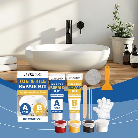 Fliesenreparaturset für den Heimgebrauch, Fugenmasse für Keramik und Marmor, AB-Kleber-Set zum Versiegeln und Reparieren – 2 x 50 g + Spachtel + 2 x Schleifpapier + 1 x Rührstab + 2 x Zahnstocher + 4  (1/5)