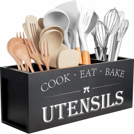 Porta utensilios de cocina extragrande con 4 compartimentos, organizador de utensilios de madera para encimera, decoración rústica de cocina, color negro (1/5)