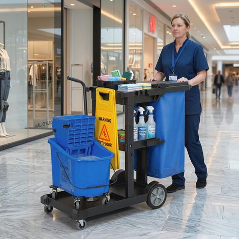 Chariot de nettoyage. Chariot de nettoyage à roulettes avec 3 étagères. Sac poubelle de 70 litres. Seau essoreur. Bleu (1/5)