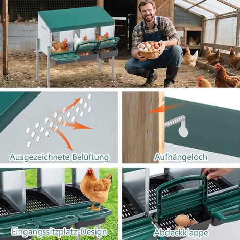 Nid à poules 3 ouvertures vert avec pieds et couverture extérieure, structure résistante aux intempéries, habitat de ponte adapté au jardin et basse-cour (1/5)