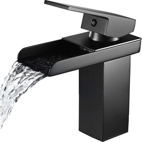Wasserfall-Waschtischarmatur, schwarz verchromte Badarmatur, Einloch-Waschtischarmatur aus Messing, Aufsatzmontage, elegantes Design (1/5)