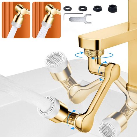 MINKUROW Aireador de grifo, extensor de grifo universal giratorio de 1080°, dos métodos de salida de agua, latón macizo, filtro de ahorro de agua, aireador para cocina y baño, dorado (1/5)