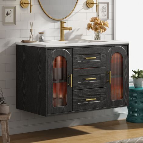 Modernluxe - Meuble vasque suspendu 76 cm avec vasque en céramique, 3 tiroirs, 2 portes en verre et LED - noir (1/5)