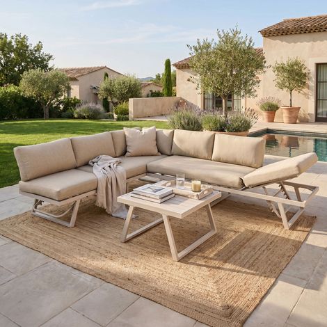 M&S – Salon de jardin modulable 6 places en aluminium beige – Coussins en textilène avec rembourrage mousse – Dimensions table 70x70cm – Poids 44kg (1/5)