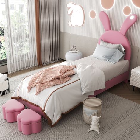 Cama infantil de 90x200 cm con luces LED y dos banquetas contenedor, cabecero de orejas de conejo, tejido de terciopelo, color rosa. (1/5)