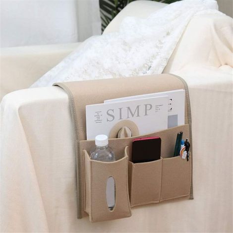 Organiseur d'accoudoir avec fermeture auto-agrippante, pochette de chevet suspendue, poche pour canapé-lit, rangement pour livres, téléphone et lunettes, beige