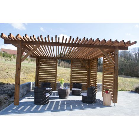 Pergola bioclimatique 16m2 avec pare-vents modulables – Structure en bois massif – Installation facile en 3h – Fabrication française – Jardinatoire (1/2)