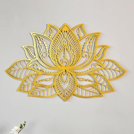 Décoration murale en métal, style mandala, fleur de lotus, minimaliste, zen, pour intérieur (43 x 27,5 cm, doré)