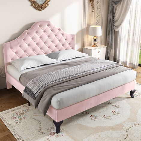Pink Velvet Upholstered Double Bed – 135x190cm with Adjustable Headboard & Wooden Slats Youth/Teen Bed Easy Assembly