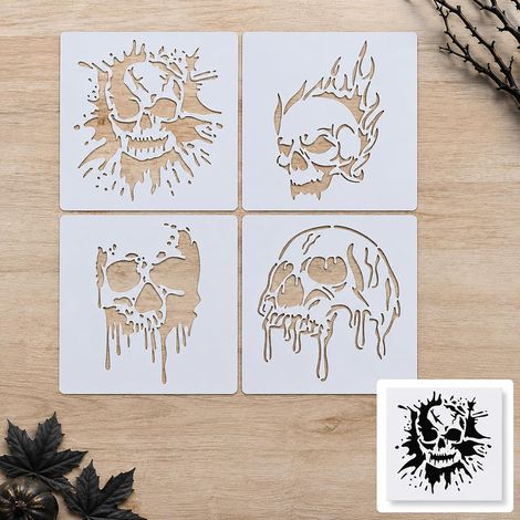 1 Set de Pochoirs Tête de Mort avec 4 Motifs Différents, Gabarits en PET Réutilisables pour Décorations d'Halloween, Conçus pour Murs, Bois, Toile et Tissu, Idéaux pour Projets de Bricolage (1/5)