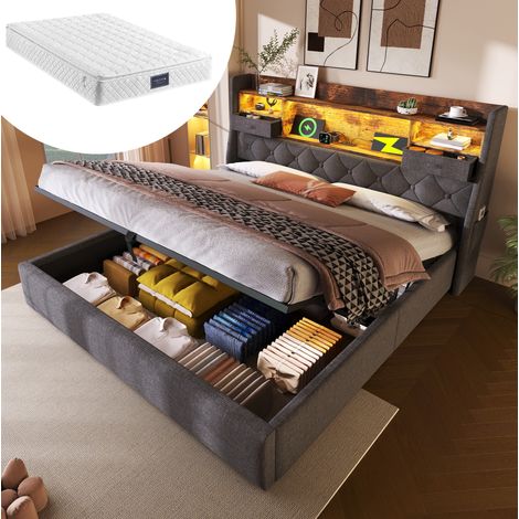 Letto imbottito rétro 160x200 cm grigio con materasso, vano contenitore idraulico, testiera LED con USB e Type-C (1/5)
