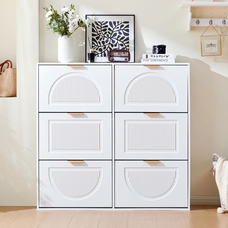 Armoire à chaussures design blanc, 6 casiers rabattables, étagère à chaussures autoportante avec étagères ouvertes, idéale pour entrée ou couloir, dimensions : L118 x H115 x P25 cm