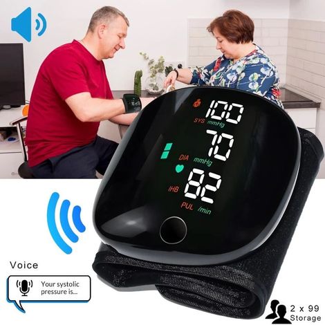 Blutdruckmessgerät für das Handgelenk, LED, wiederaufladbar, Herzfrequenzmessung, Sprachansagen (1/5)
