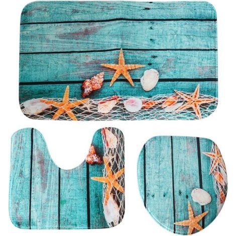 (Set of 3) Sea Shell Bath Mat Summer Holiday Bathroom Cushion Cover Non-Slip Toilet Rug Starfish Floor Set (1/5)