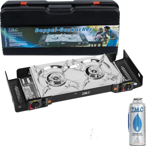 Réchaud à Gaz de Camping, Acier Inoxydable, Deux Brûleurs 2,5 kW, Allumage Piézo, Design Portable, Options de Carburant Flexibles (1/5)