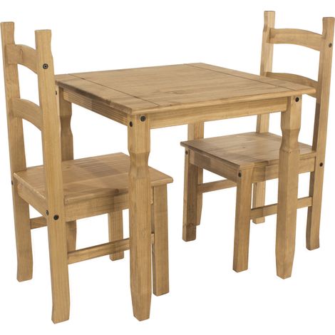 Corona Square Dining Table and 2 Chair Set - Pine - 75 x 75 x 75 cm - Antique Waxed Pine
