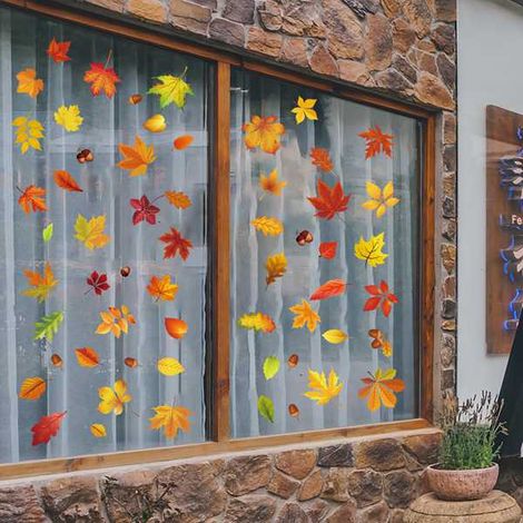 1 Set. Farbe: siehe Foto. Material: PVC. Ahornblatt-Fensteraufkleber für Herbst und Erntedankfest, statischer Effekt für Schaufenster. (1/5)