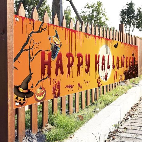 Bannière Halloween 250x48cm - Déco Murale Maison Extérieur Tissu résistant, imperméable, accrochage facile, réutilisable, livré avec cordes, motifs fantôme et citrouille (1/5)