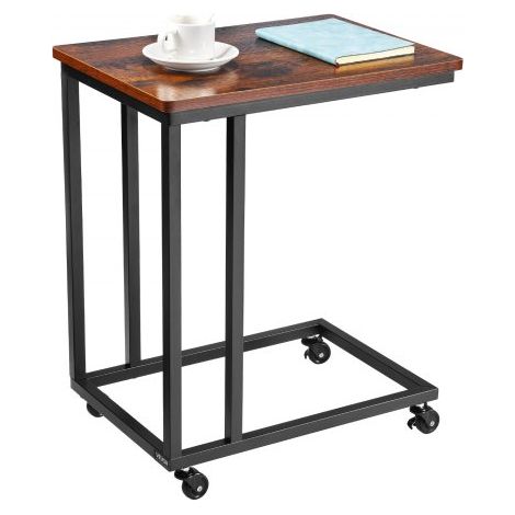 Mesa Auxiliar en Forma de C, Mesa de Centro en Forma de C 500 x 350 x 605 mm con Estructura de Metal y Ruedas, Mueble para Portátil para Sala de Estar, Dormitorio, Oficina, Marrón y Negro (1/5)
