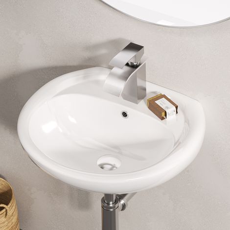 CECIPA MAX Lavabo bianco 49 x 43,5 cm – Lavabo sospeso in ceramica semicircolare con troppopieno – Include piletta click-clack – Finitura lucida, per bagno e bagno degli ospiti (1/5)