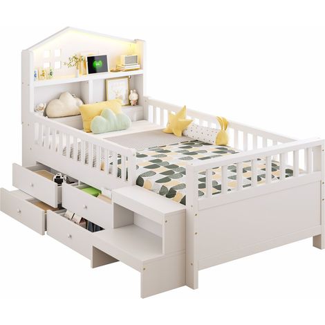 Lit enfant 90 x 200 cm, avec barrière de sécurité, quatre tiroirs de rangement, marches, lumières LED, ports de charge USB et Type-C, lit en bois massif avec sommier à lattes, lit simple, blanc (1/5)