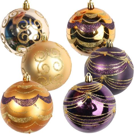 Juego de 6 adornos de plástico dorado decorados, 8 cm de alto. (1/5)