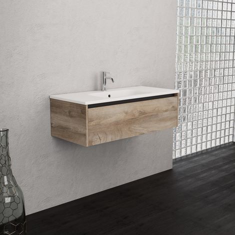 Inda - Badezimmerschrank 1 Schublade B.100 mit mattiertem Waschbecken / Natureiche - Smeraldo (1/5)