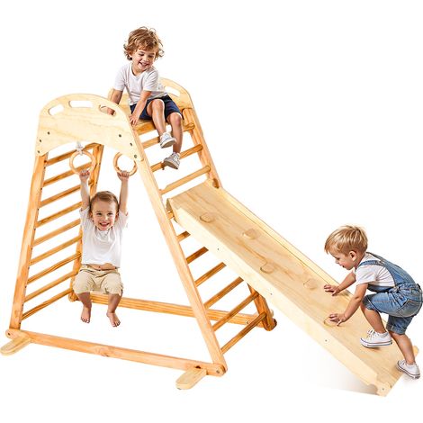 VEVOR Parco Giochi al Coperto, Set da Gioco in Legno, Capacita di Peso 100 kg, con Roccia da Arrampicata, Scivolo, Scala in Legno e Anelli da Palestra, Giocattoli da Arrampicata in Stile Montessori