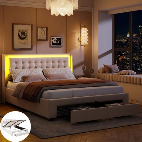 Cadre de lit 140x190 cm, Lit coffre double avec rangement, lit deux place avec tête de lit Capitonné, 2 Tiroirs et LED,Velours Beige (1/5)