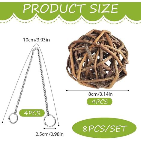 Pieces Natural Wicker Parrot Toy, Chew Toy for Small Animals, Wicker Ball, Grass Chew Ball for Birds 8 cm Diameter Parrot Cage Accessories with Double Ring Chain (1/4)