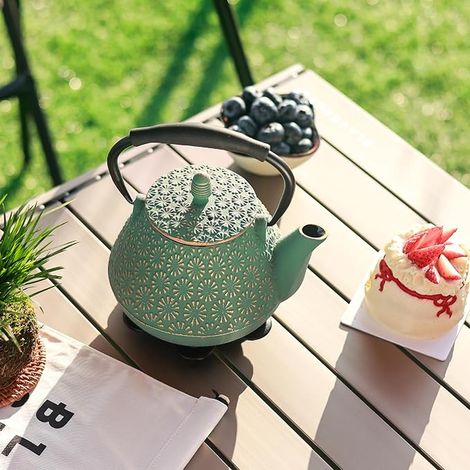 Théière en fonte , théière japonaise à motif de sakura de 950 ml, qui va sur la cuisinière, avec infuseur pour thé en feuille et café, poignée en silicone, intérieur émaillé, 32 oz vert (1/4)