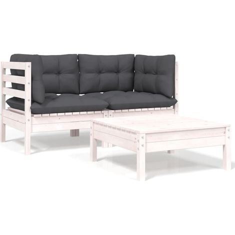 vidaXL 3 Piece Garden Lounge Set with Cushions White Solid Wood Pine