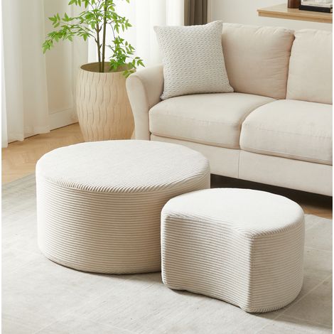 Lot de 2 tables basses rondes beige en tissu avec mousse, sans montage et antidérapantes (1/5)