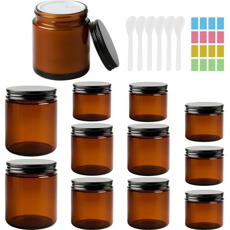 Boîtes Vides en Verre Ambré 60/120/250 ml, 12 Pièces Pot Creme Vide Verre avec Couvercles, Spatule, Autocollant, Pot Cosmetique Vide pour Cosmétiques, Crèmes, Lotions (1/5)