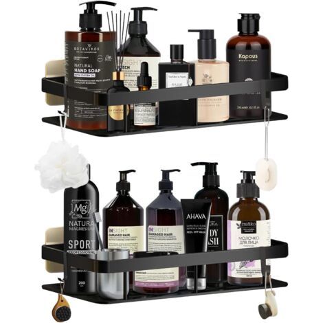 Mensola da doccia in due pezzi, non richiede forature, mensola da bagno in alluminio nero, design salvaspazio con 4 ganci e 6 strisce adesive, adatta per docce, cucine e bagni.